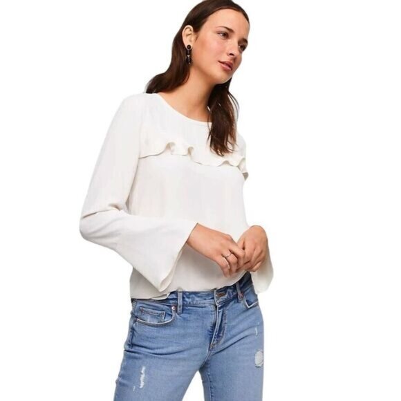 NEW Loft Women Ivory Ruffle Bell Sleeve Blouse Small - Picture 1 of 9